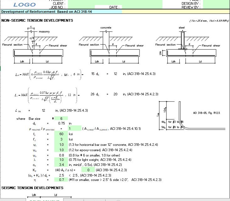 Development of Reinforcement Based on ACI 318-14 Spreadsheet