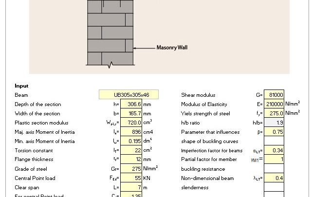 Euro Steel Beam Load and Rest on Bottom Flange Spreadsheet