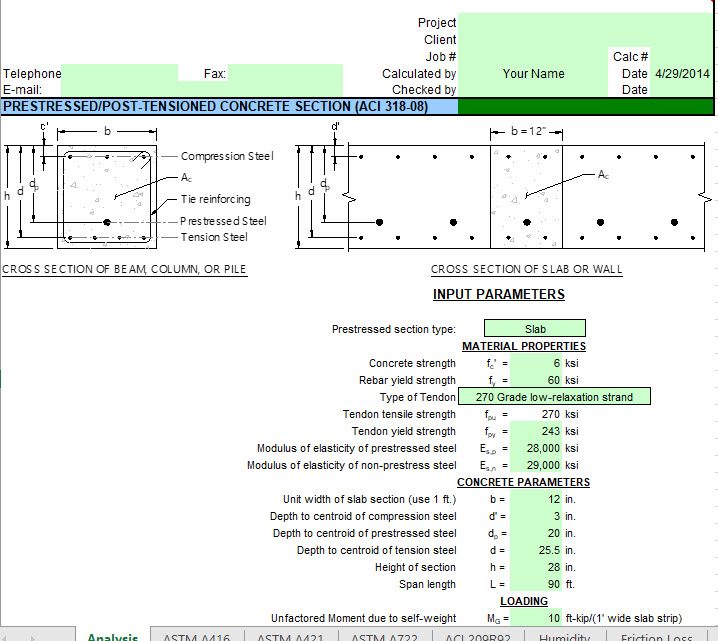 Prestressed Post-Tensioned Concrete Section Spreadsheet