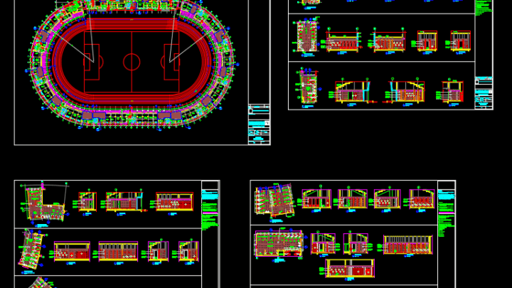Stadium Project Layout and Elevation Plan Details Autocad Drawing