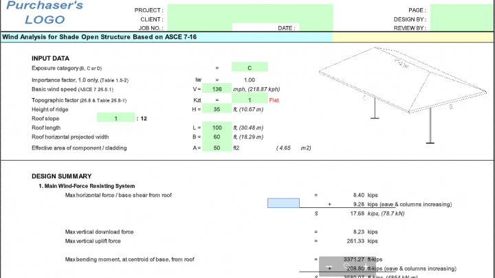 Wind Analysis for Shade Open Structure Spreadsheet Based on ASCE 7-16