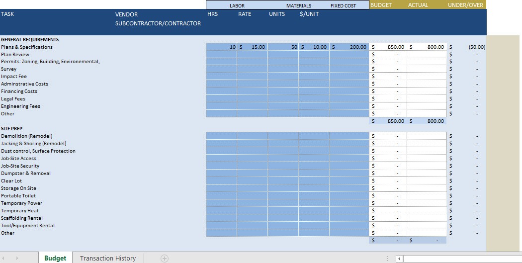 Construction Budget Template Spreadsheet