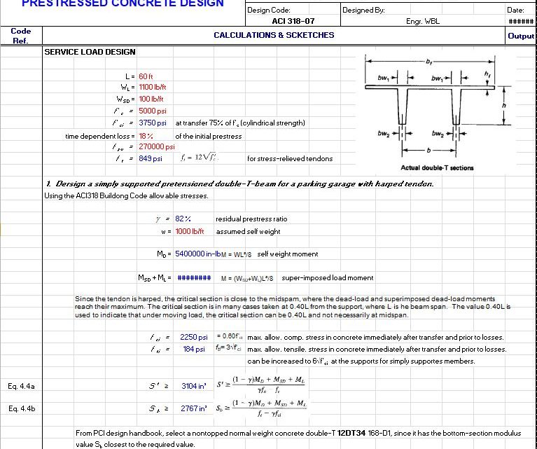 Design of Prestressed Double Tee Beams Spreadsheet