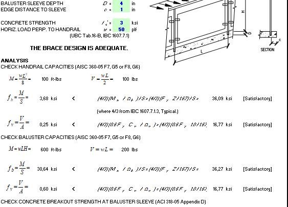 Handrail Design with Uniform and Concentrated Load Spreadsheet