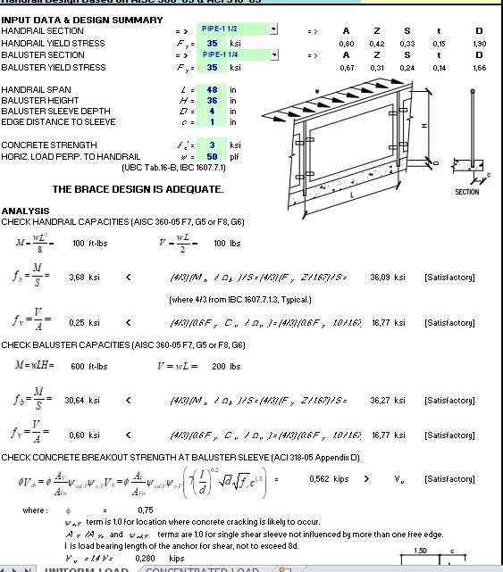 Handrail Design with Uniform and Concentrated Load Spreadsheet