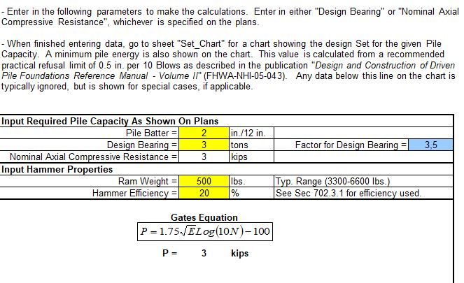 Pile Driving Set Calculator Spreadsheet