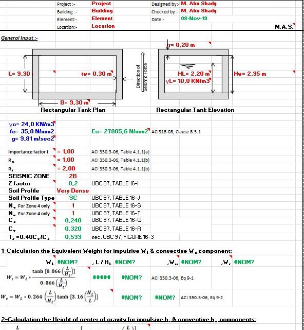 Seismic Loads for Liquid-Containing Rectangular RC Tank Spreadsheet