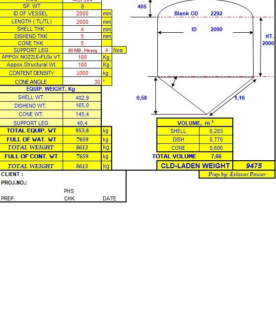 Water Capacity and Weight of Tank Spreadsheet Calculation
