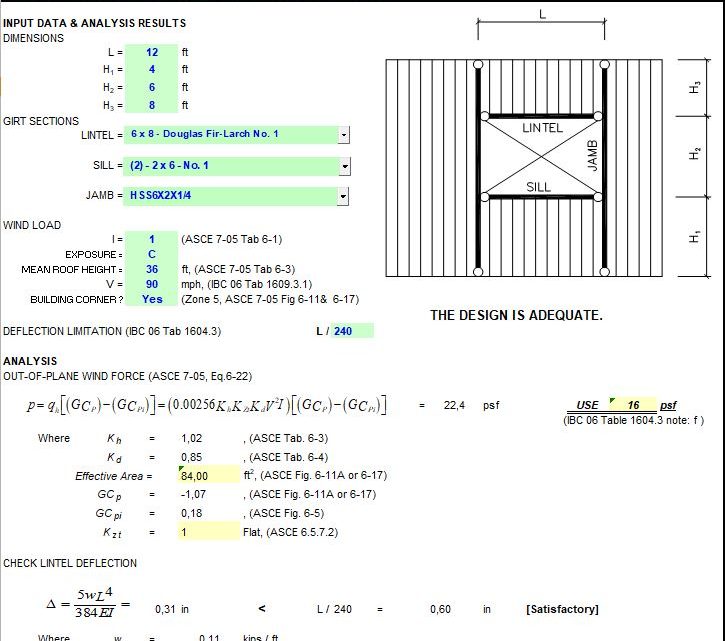 Wind Girt Deflection Analysis of Wood, Metal Stud and Steel Tube Spreadsheet