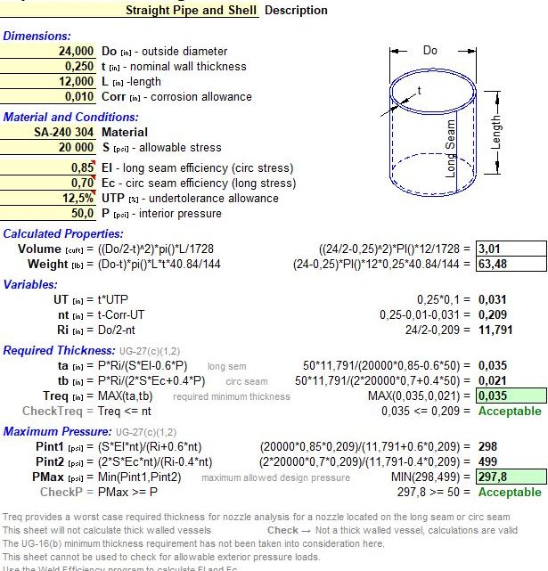 Pipe and Shell Design Tool Spreadsheet