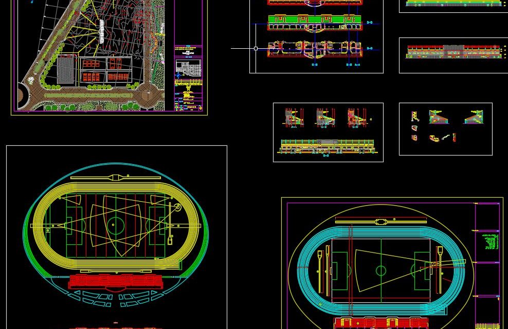 Stadium Layout and Elevation Plan Autocad Drawing