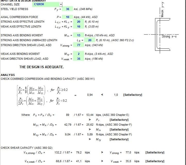 Channel Steel Member Capacity Spreadsheet