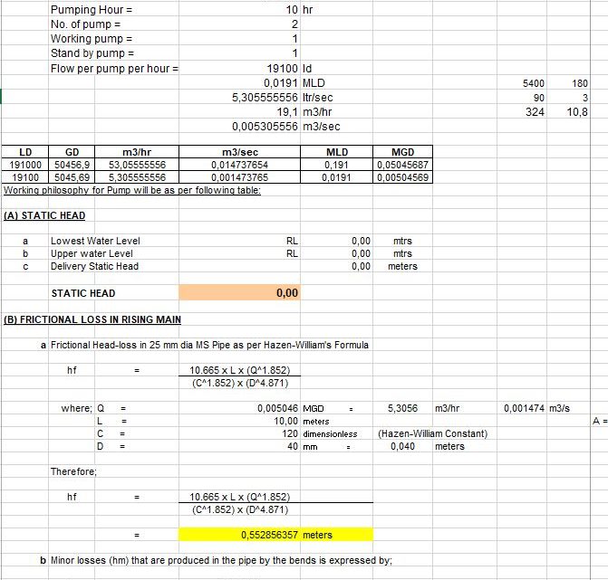 Head Loss Pump Calculation Spreadsheet