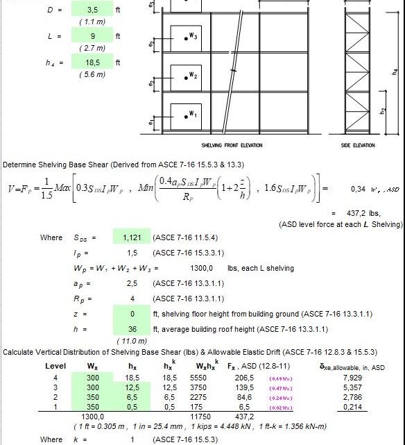 Lateral Loads of 4 Level Shelving Spreadsheet