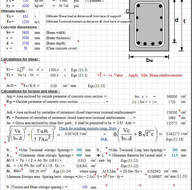 Design For Torsion And Shear According To ACI 318-99 Spreadsheet