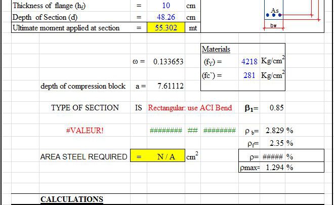 Design Of Flanged Section With Tension Reinforcement According To ACI 318 Spreadsheet