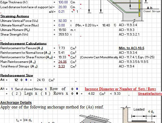Design Of Monolithic Corbels And Brackets According To ACI 318-99 Spreadsheet