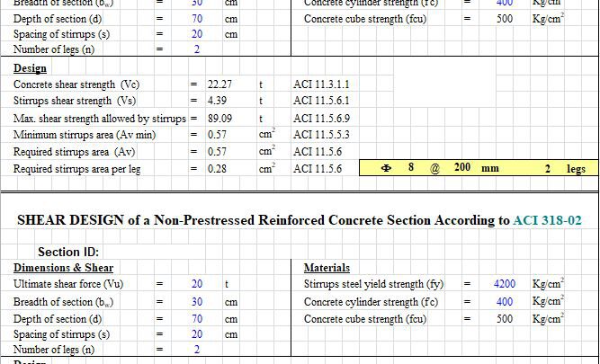 Shear Design Of a Non-Prestressed Reinforced Concrete According To ACI 318-02 Spreadsheet