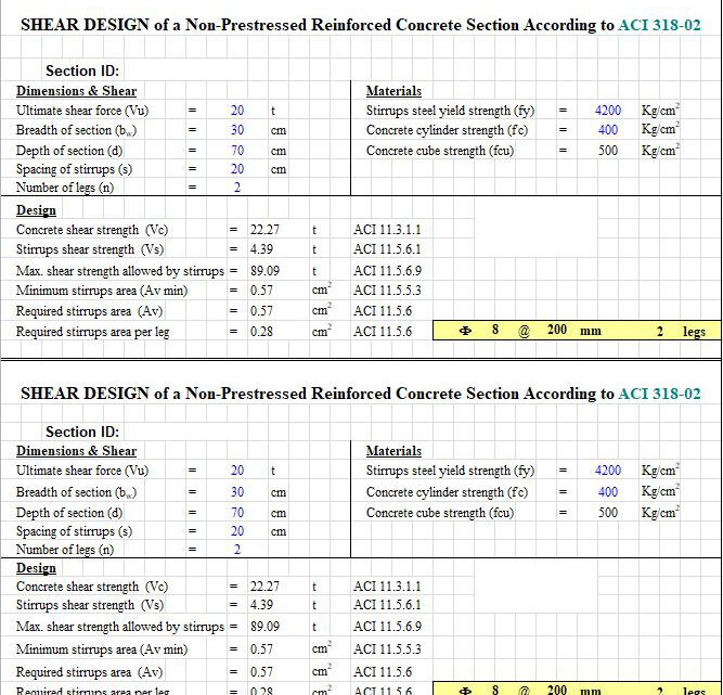 Shear Design Of a Non-Prestressed Reinforced Concrete According To ACI 318-02 Spreadsheet