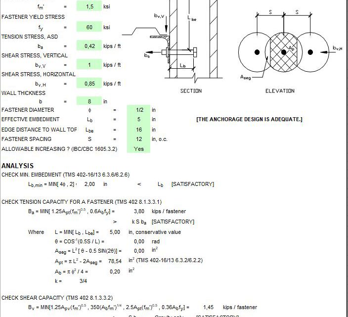 Anchorage To Masonry Design Spreadsheet