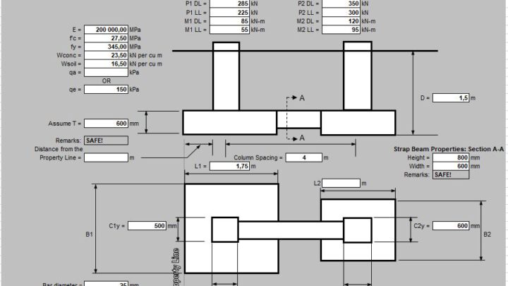 Design Of Combined Strap Footing Spreadsheet