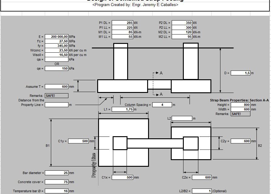 Design Of Combined Strap Footing Spreadsheet