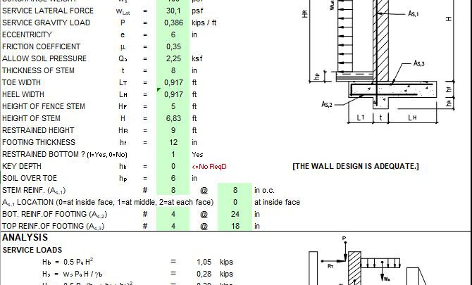 Restrained Retaining Masonry Wall Design Spreadsheet