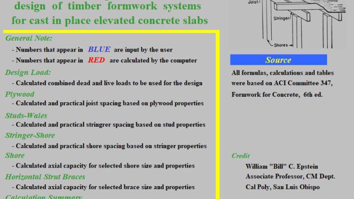 Timber Formwork For Elevated Slabs Spreadsheet