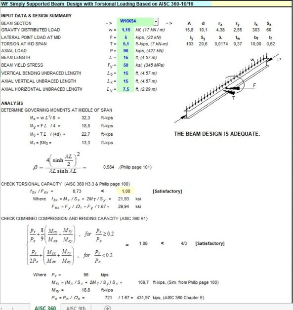 WF Simply Supported Beam Design With Torsional Loading Spreadsheet