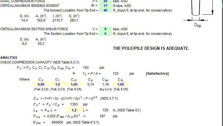 Wood Pole or Pile Design Spreadsheet