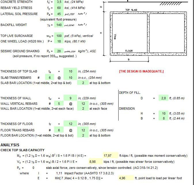 Concrete Box Culvert Design Based on AASHTO and ACI Spreadsheet