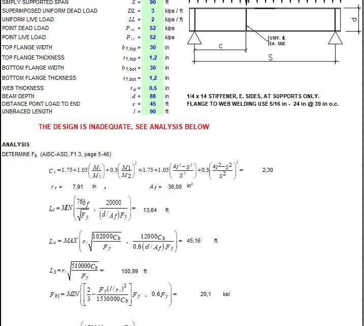 I Shaped Plate Girder AISC ASD Design Spreadsheet