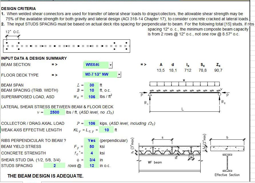 Composite Collector Beam Design With Seismic Loads Spreadsheet