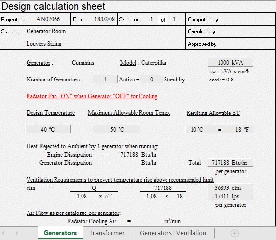 Generator Room Ventilation Spreadsheet