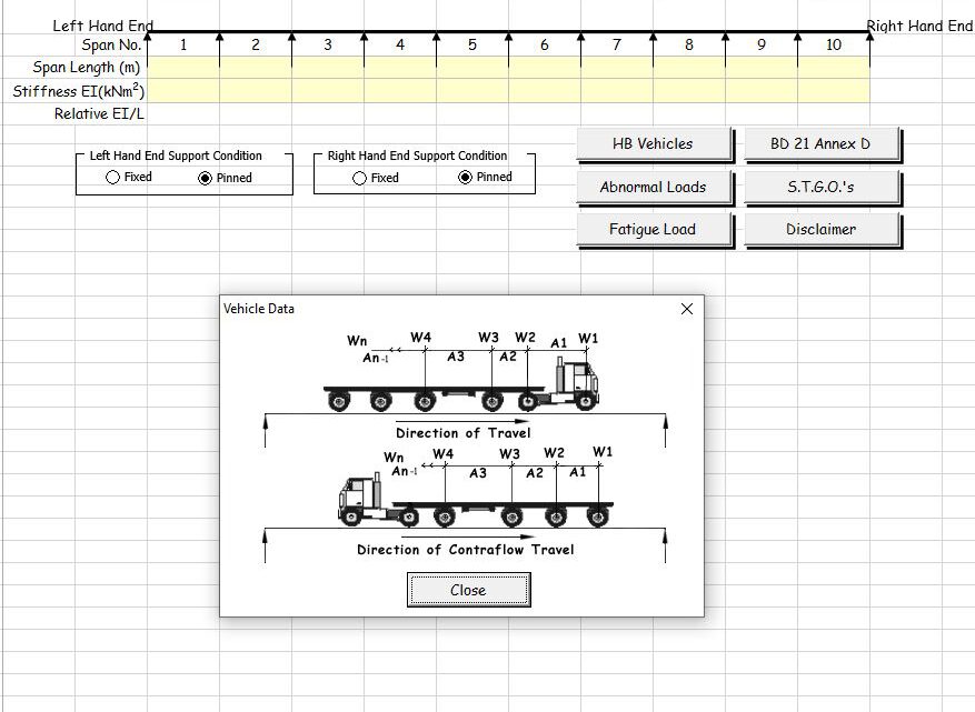 Line Beam Analysis for Moving Vehicle Loads to BS 5400, BD 21 and BD 86 Spreadsheet