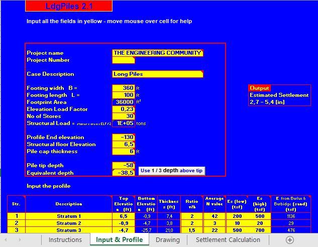 Pile Group Settlement Estimation Spreadsheet
