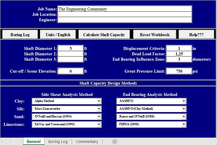 Shaft Capacity Calculation Spreadsheet