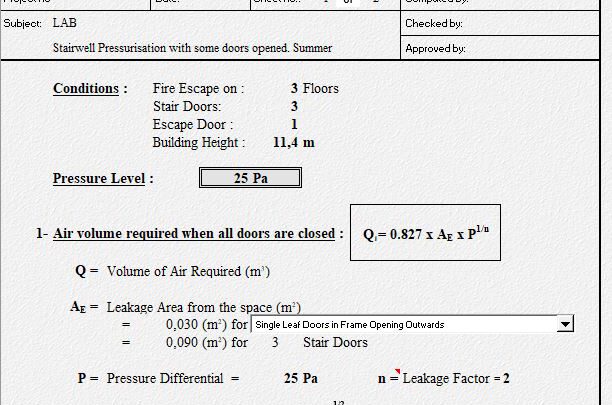 Stairwell Pressurisation Design Calculation Spreadsheet