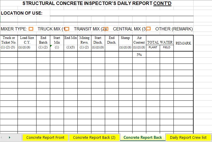 Structural Concrete Inspector’s Daily Report Spreadsheet Template