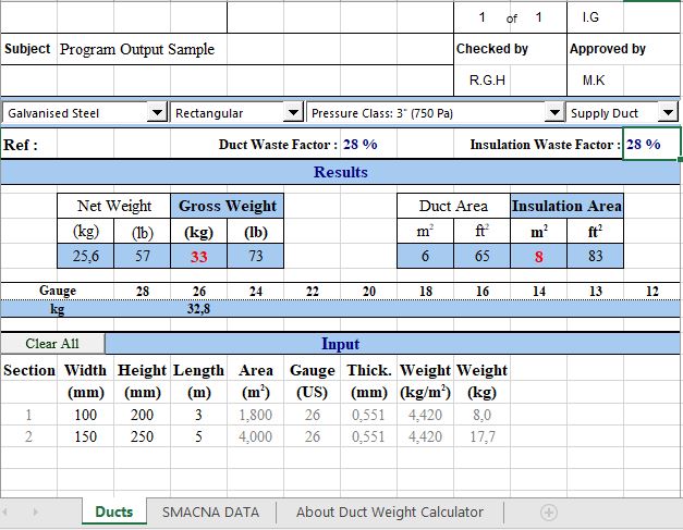 Duct Weight Calculator Spreadsheet