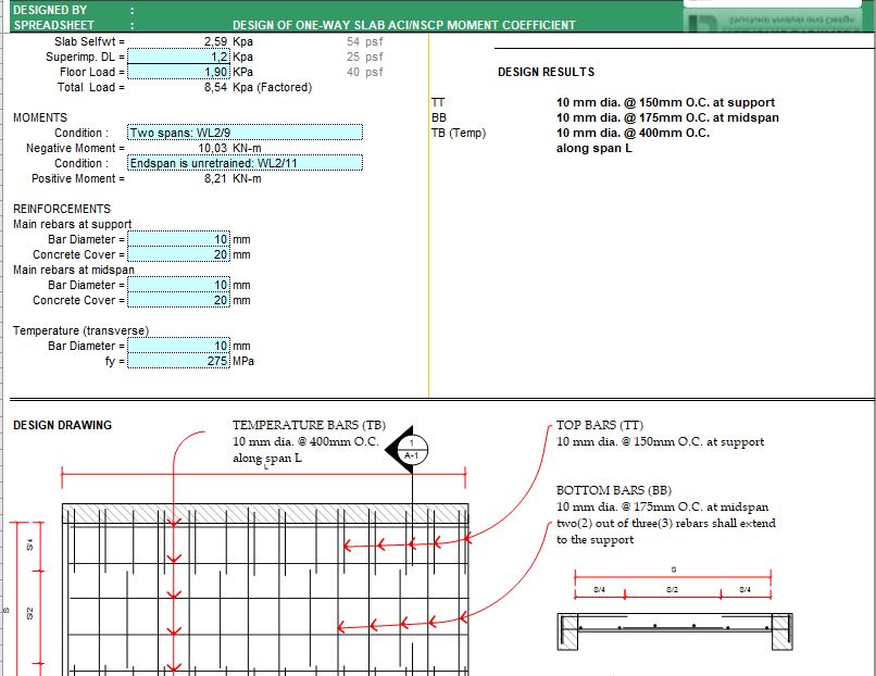 Design of One-Way Slab ACI-NSCP Moment Coefficient Spreadsheet