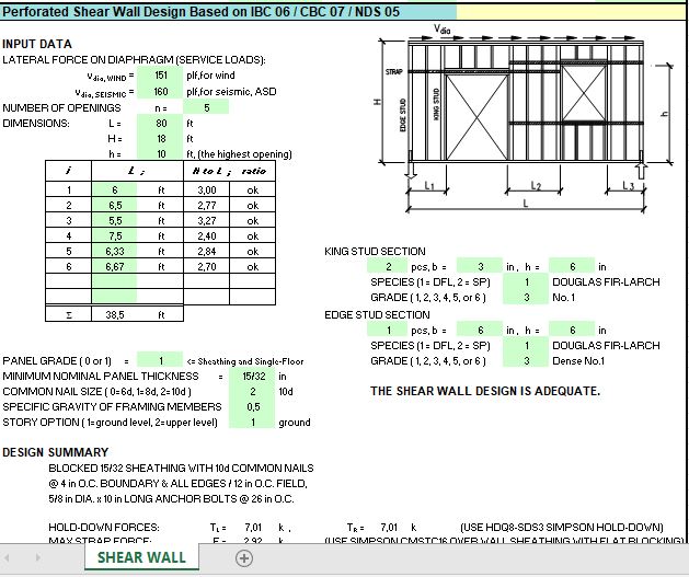 Perforated Shear Wall Design Spreadsheet