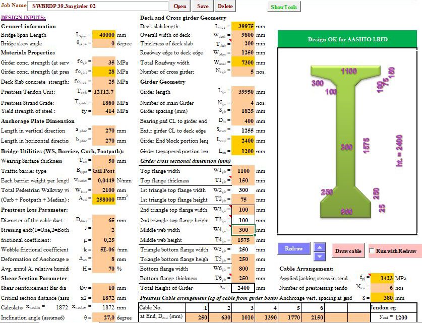 Prestress Concrete Girder Design by AASHTO LRFD 98 Spreadsheet