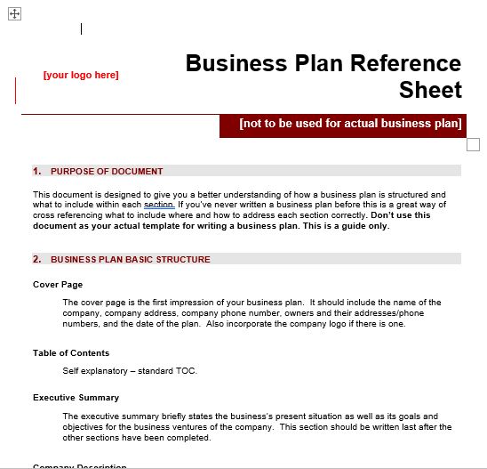 Business Plan Reference Sheet