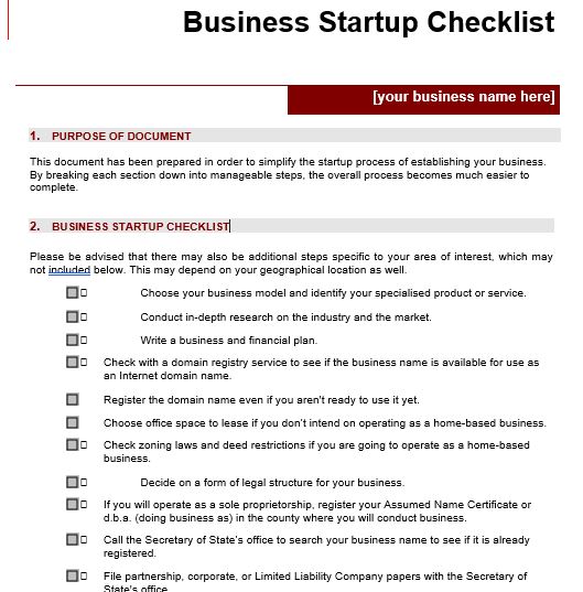 Business Startup Checklist Free Word Format