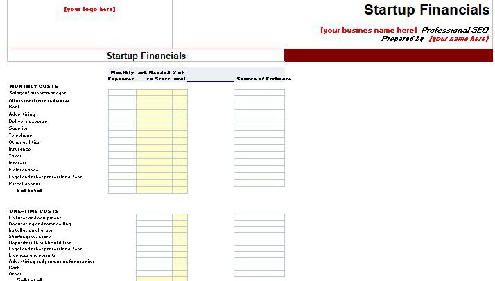 Business Startup Finantials Spreadsheet