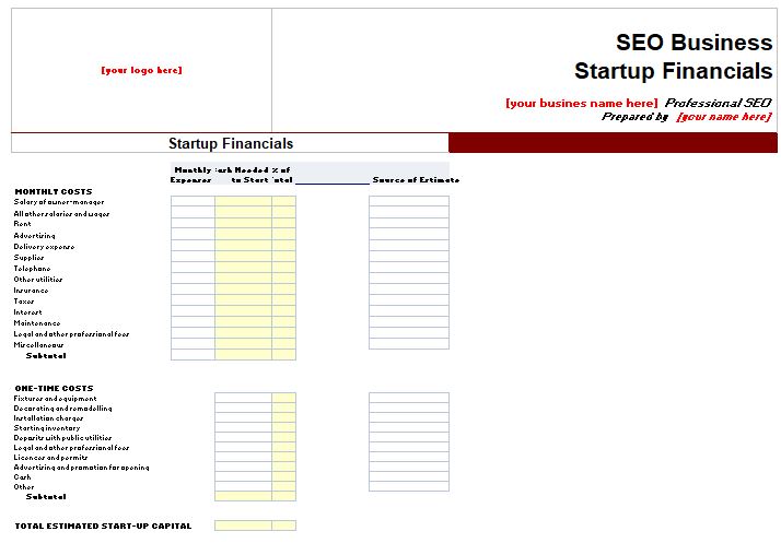 Business Startup Finantials Spreadsheet