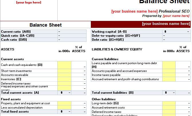 SEO Business Balance Spreadsheet