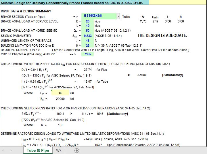 Seismic Design For Ordinary Concentrically Braces Frames Spreadsheet