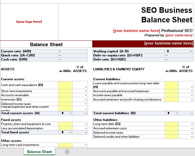 SEO Business Balance Spreadsheet